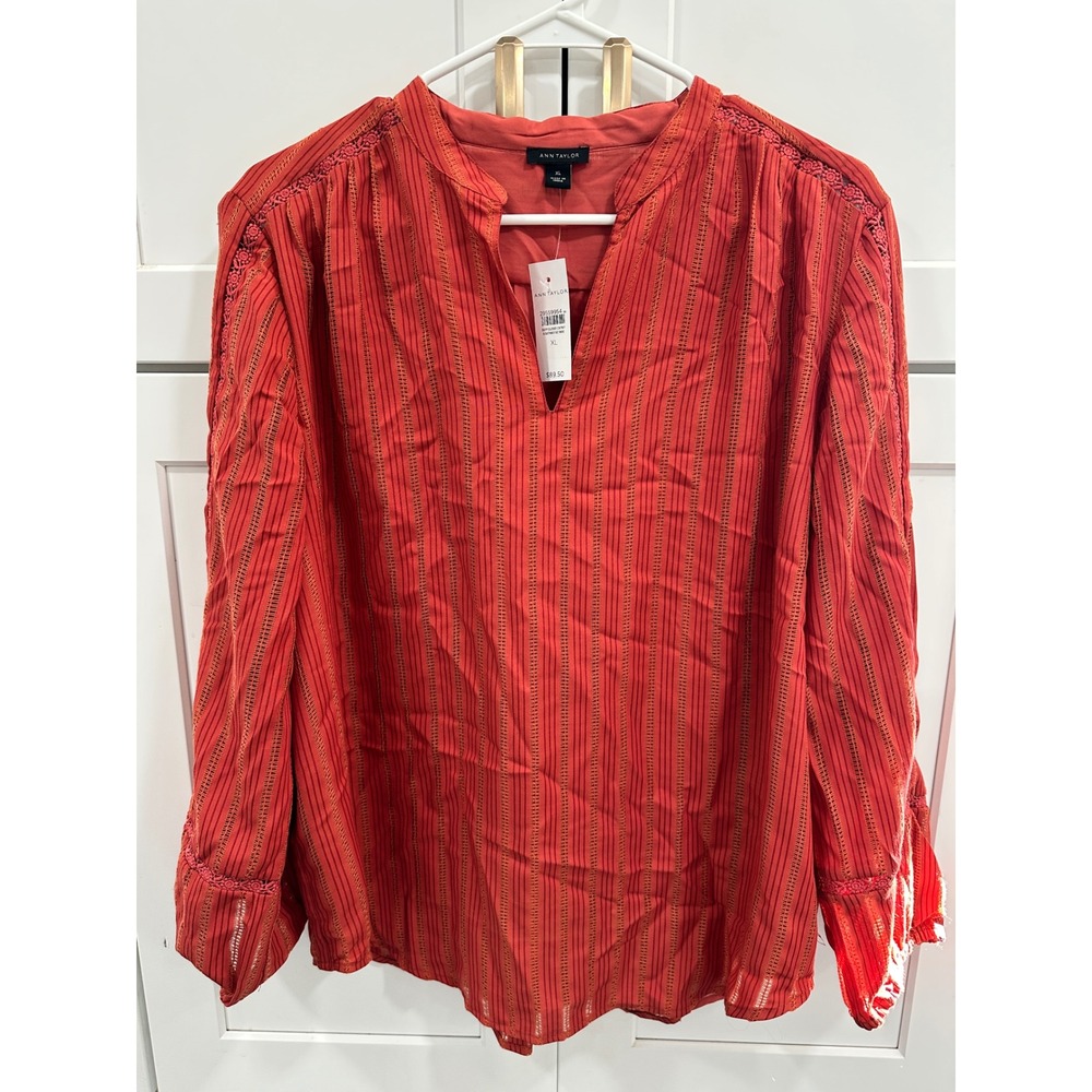 Ann Taylor Orange Striped V Neck Long Sleeve Blouse Top Shirt XL‎